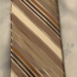Mens PERRY ELLIS Neck Tie Ivory, Toupe And Orange Stripe Silk